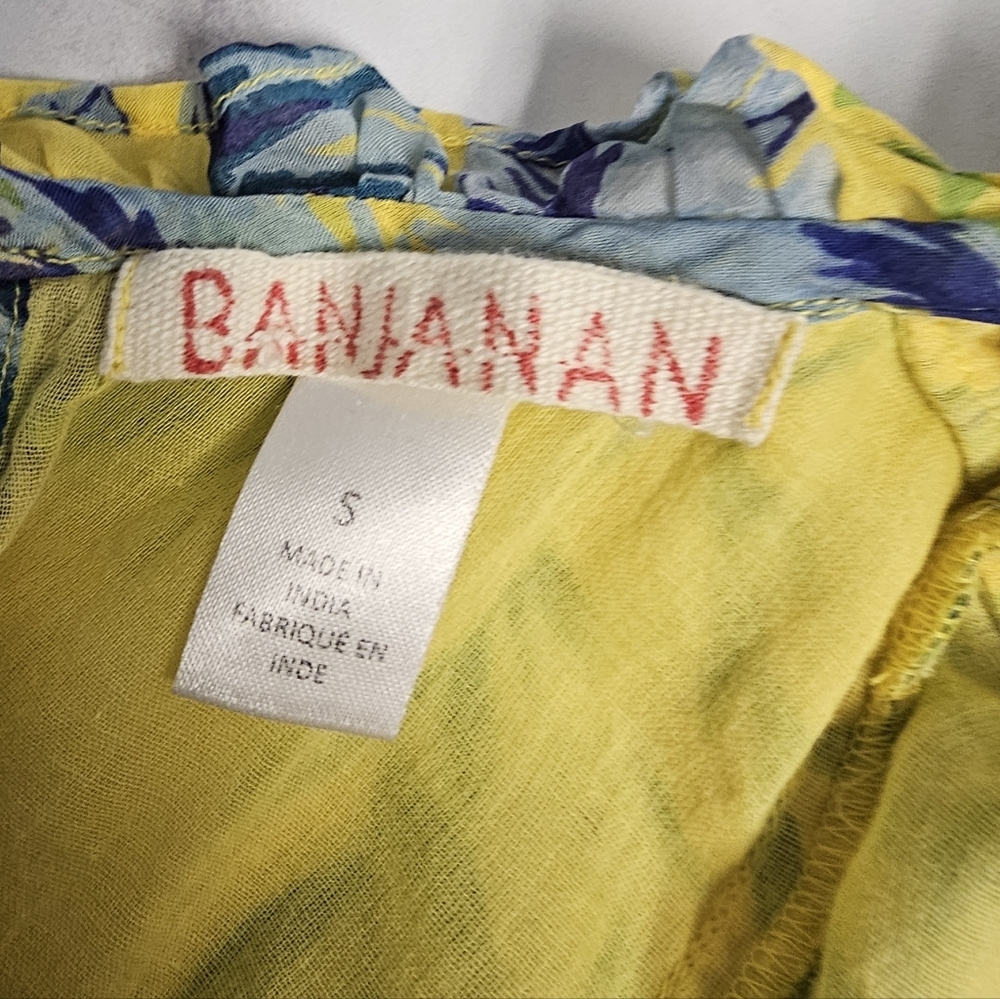 Banjanan 100% Silk Tropical Ruffle Floral Yellow Mini Dress Small Preowned - Picture 9 of 11